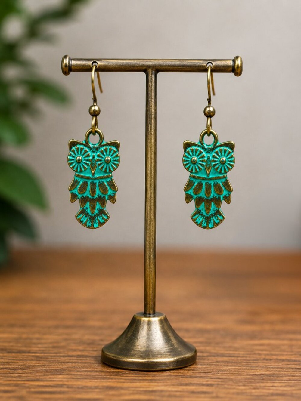 Patina Owl Drop Earrings - Picture 6 of 7